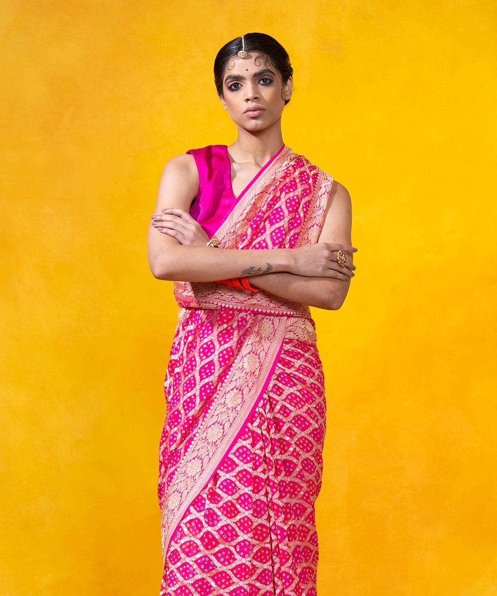 Handloom_Hot_Pink_Georgette_Banarasi_Bandhej_Saree_With_Cutwork_Weave_WeaverStory_01