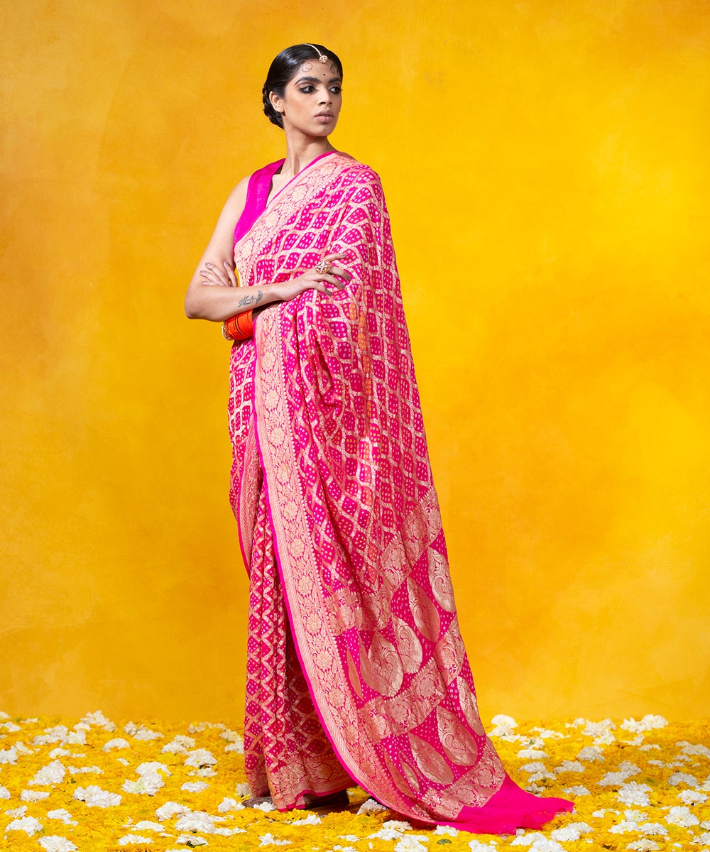 Handloom_Hot_Pink_Georgette_Banarasi_Bandhej_Saree_With_Cutwork_Weave_WeaverStory_02