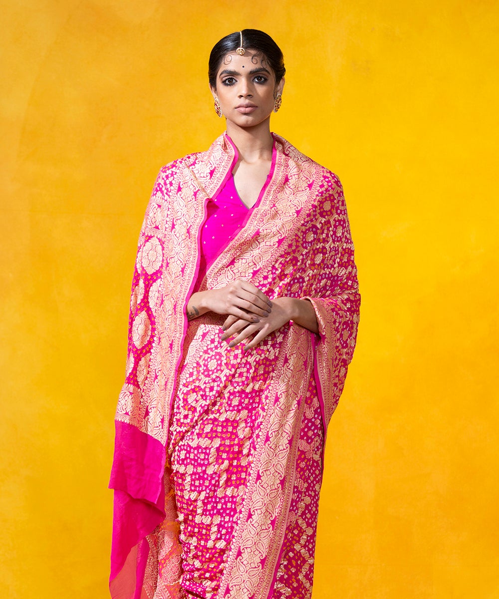 Handloom_Pink_Georgette_Banarasi_Bandhej_Saree_With_Cutwork_Weave_WeaverStory_01