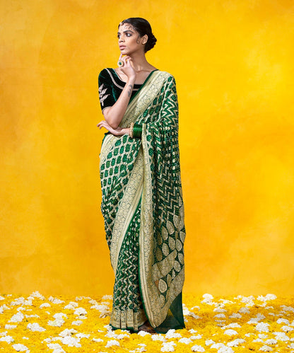 Handloom_Dark_Green_Georgette_Banarasi_Bandhej_Saree_With_Cutwork_Weave_WeaverStory_02