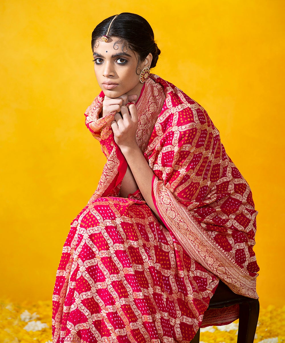 Bold_Red_Handloom_Georgette_Banarasi_Bandhej_Saree_With_Cutwork_Weave_and_Floral_Zari_Border_WeaverStory_01