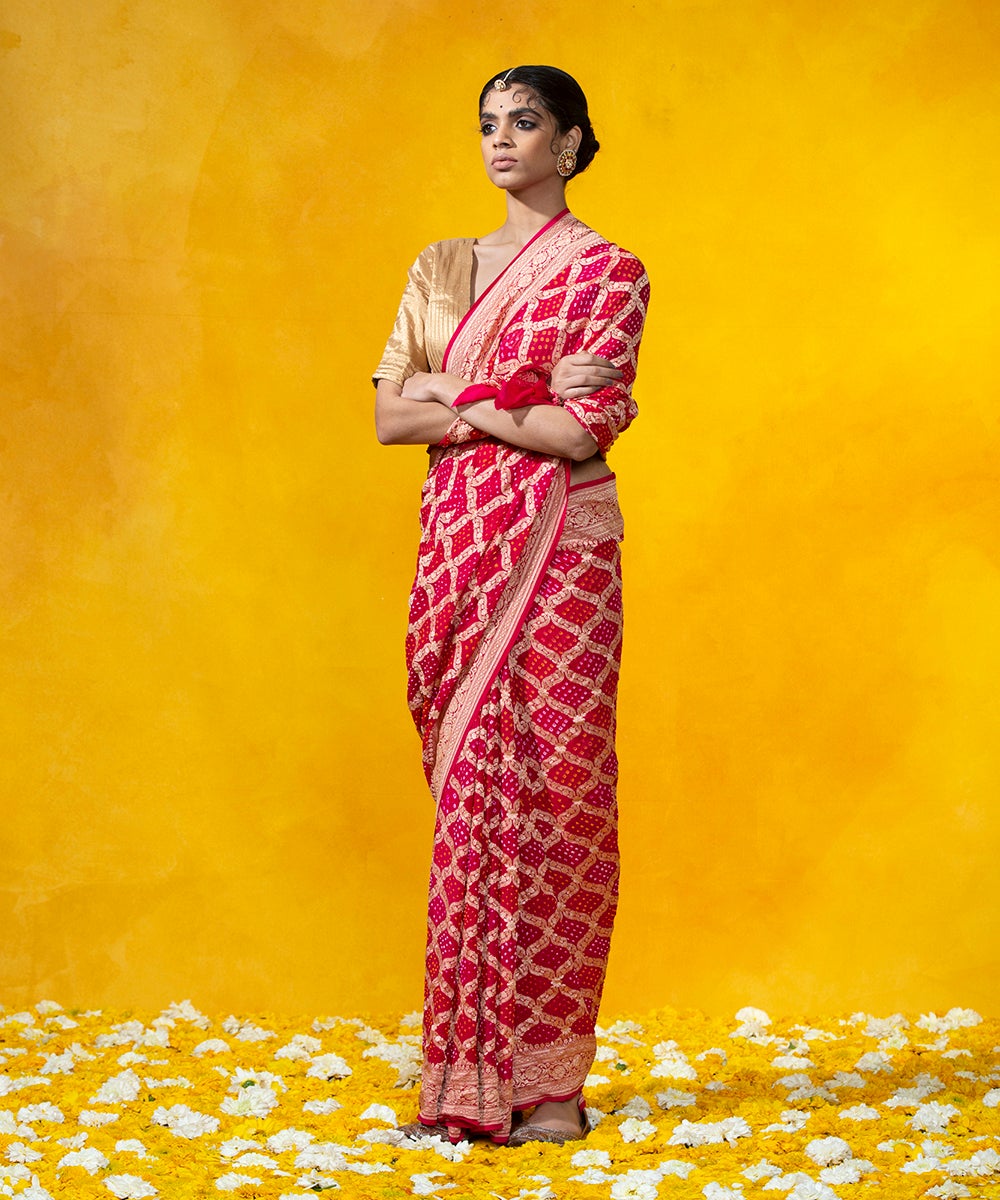 Bold_Red_Handloom_Georgette_Banarasi_Bandhej_Saree_With_Cutwork_Weave_and_Floral_Zari_Border_WeaverStory_02