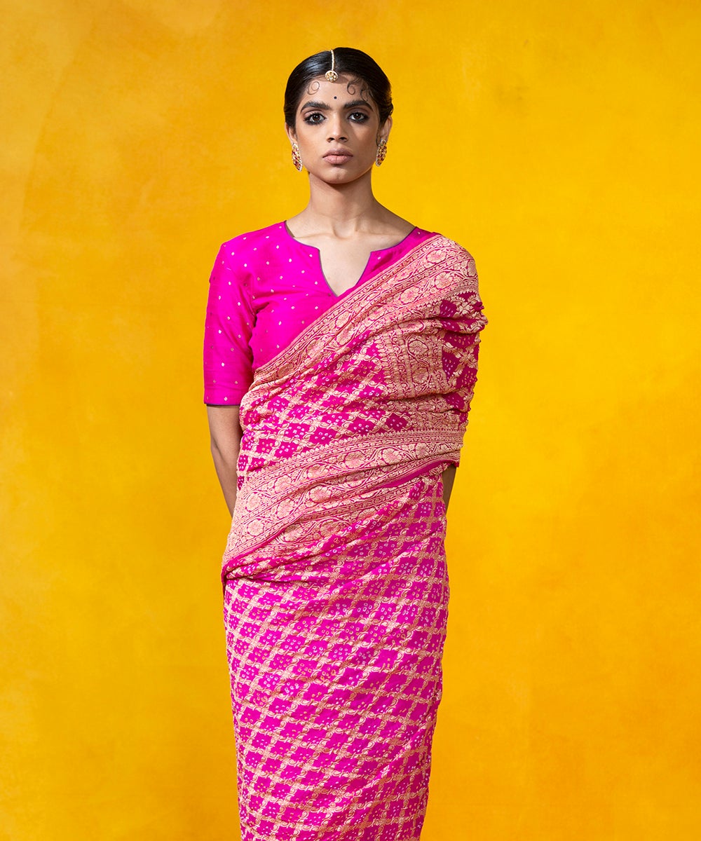Bright_Pink_Handloom_Bandhej_Saree_With_Cutwork_Weave_In_Banarasi_Georgette_WeaverStory_01