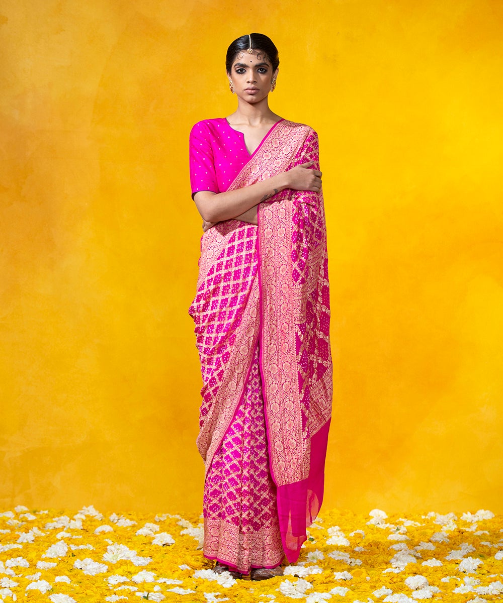 Bright_Pink_Handloom_Bandhej_Saree_With_Cutwork_Weave_In_Banarasi_Georgette_WeaverStory_02