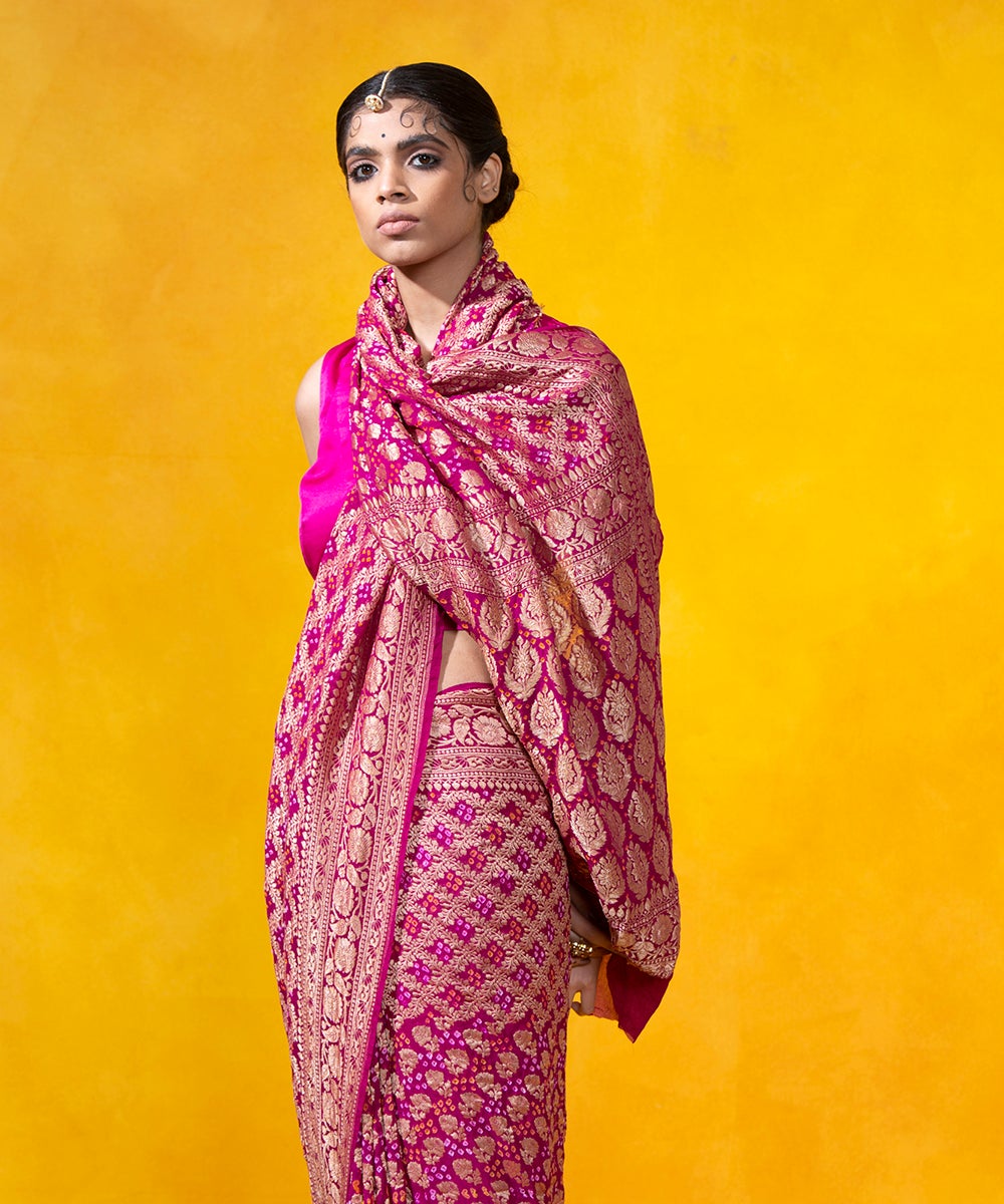 Dark_Pink_Handloom_Bandhej_Saree_With_Cutwork_Weave_In_Banarasi_Georgette_WeaverStory_01