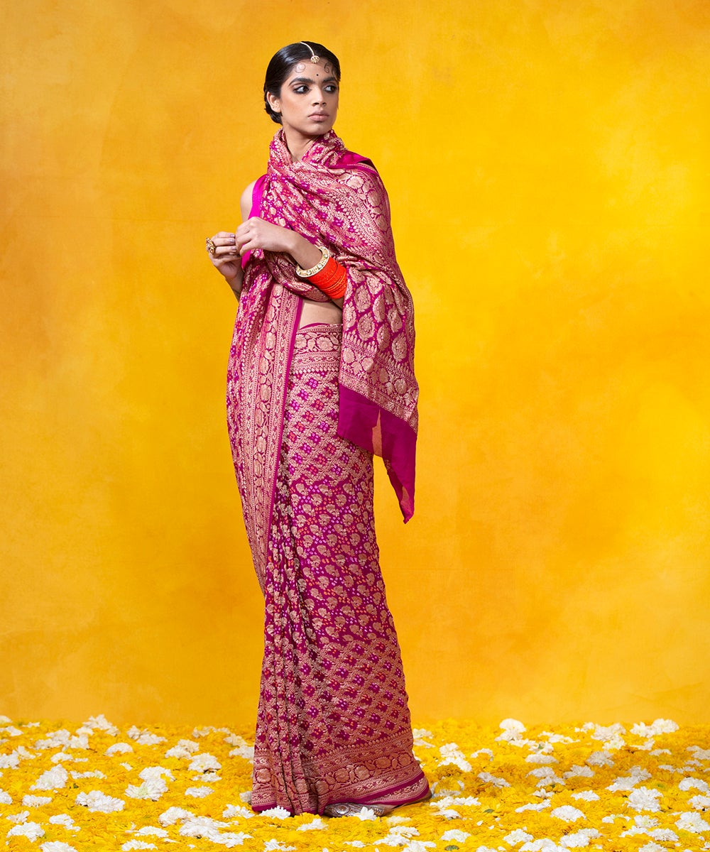 Dark_Pink_Handloom_Bandhej_Saree_With_Cutwork_Weave_In_Banarasi_Georgette_WeaverStory_02