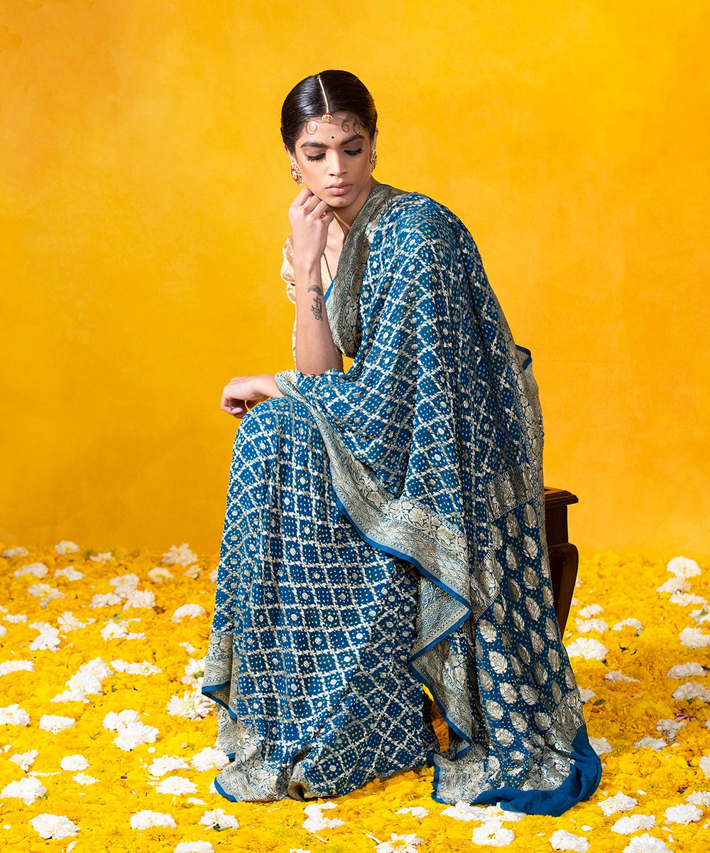 Handloom_Blue_Bandhej_Saree_With_Cutwork_Weave_in_Banarasi_Georgette_WeaverStory_01