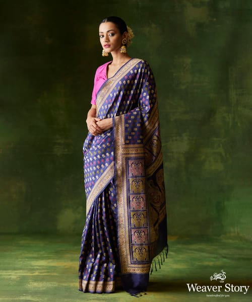 Indigo_Blue_Handloom_Pure_Malda_Silk_Banarasi_Baluchari_Saree_With_2_Lady_Pallu_WeaverStory_02