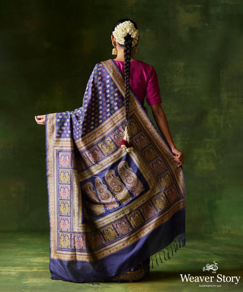 Indigo_Blue_Handloom_Pure_Malda_Silk_Banarasi_Baluchari_Saree_With_2_Lady_Pallu_WeaverStory_03