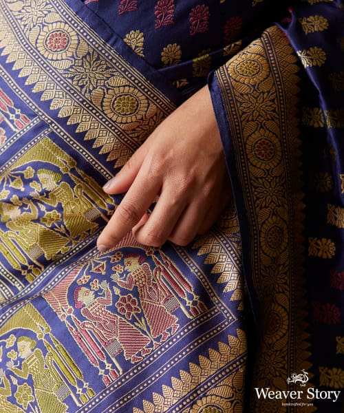 Indigo_Blue_Handloom_Pure_Malda_Silk_Banarasi_Baluchari_Saree_With_2_Lady_Pallu_WeaverStory_05