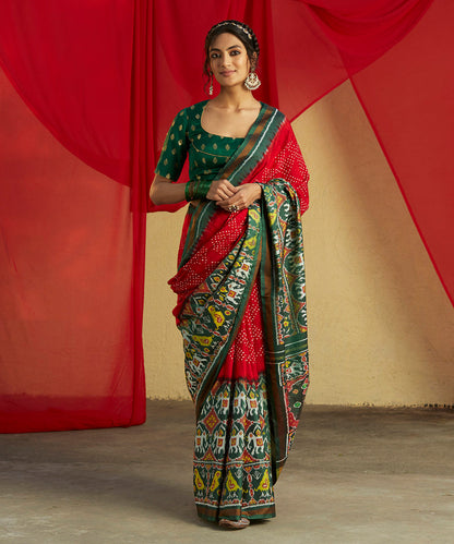 Handloom_Red_Ikat_Patola_Saree_With_Green_Elephant_Border_And_Bandhani_Work_WeaverStory_02