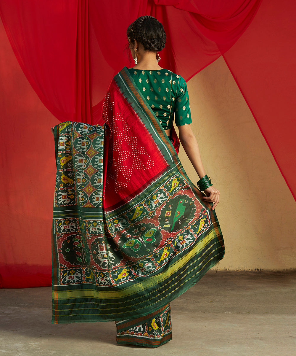 Handloom_Red_Ikat_Patola_Saree_With_Green_Elephant_Border_And_Bandhani_Work_WeaverStory_03