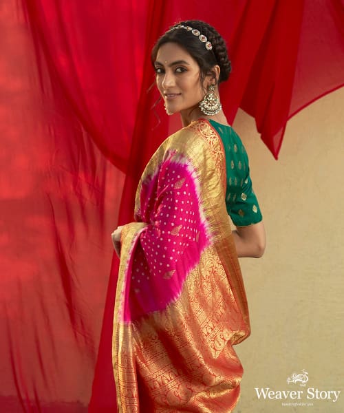 Handloom_Hot_Pink_Kanjivaram_Saree_With_Rust_And_Gold_Zari_Border_And_Bandhani_Work_WeaverStory_01