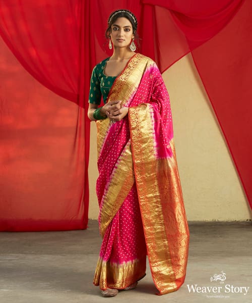 Handloom_Hot_Pink_Kanjivaram_Saree_With_Rust_And_Gold_Zari_Border_And_Bandhani_Work_WeaverStory_02