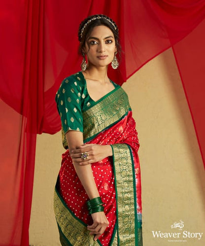 Red_Handloom_Kanjivaram_Saree_With_Green_And_Gold_Zari_Border_And_Bandhani_Work_WeaverStory_01