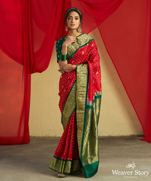 Red_Handloom_Kanjivaram_Saree_With_Green_And_Gold_Zari_Border_And_Bandhani_Work_WeaverStory_02