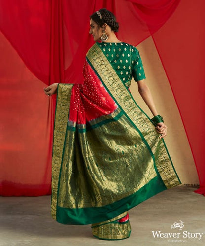 Red_Handloom_Kanjivaram_Saree_With_Green_And_Gold_Zari_Border_And_Bandhani_Work_WeaverStory_03