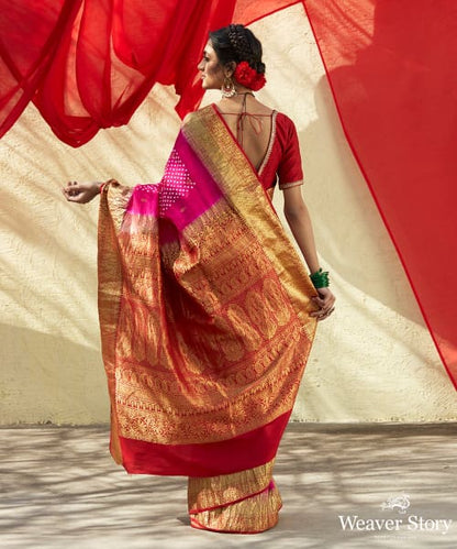 Handloom_Hot_Pink_Kanjivaram_Saree_With_Red_And_Gold_Zari_Border_And_Bandhani_Work_WeaverStory_03