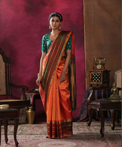 Red_And_Orange_Handloom_Chevron_Jacquard_Pure_Silk_Kanjivaram_Saree_With_Green_And_Orange_Border_WeaverStory_02