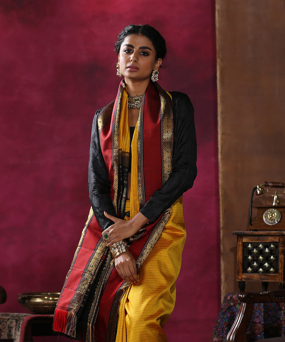 Yellow_Handloom_Pure_Silk_Kanjivaram_Saree_With_Horizontal_Stripes_And_Black_And_Maroon_Border_WeaverStory_01