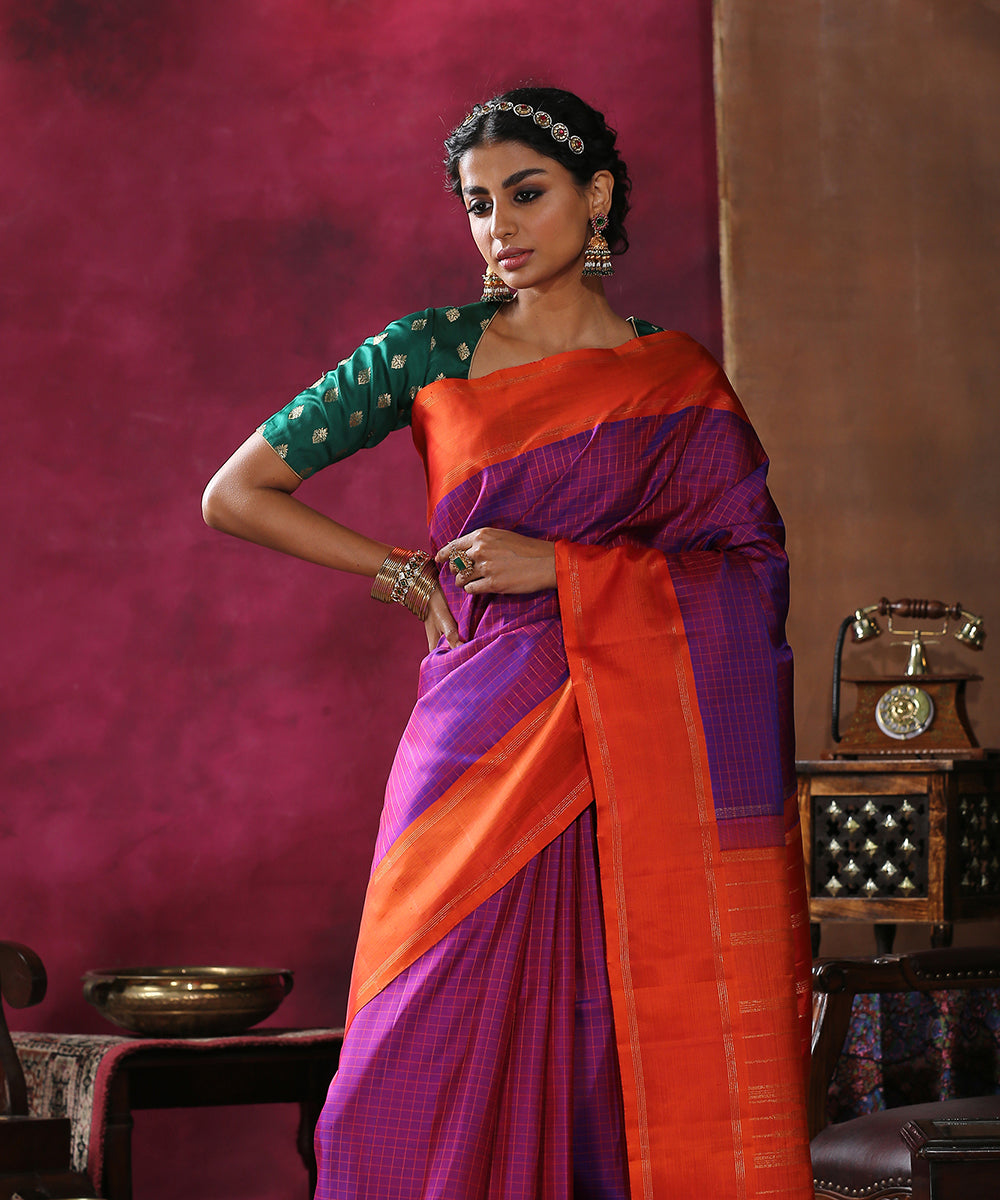 Purple_Handloom_Checks_Pure_Silk_Kanjivaram_Saree_With_Orange_Border_WeaverStory_01