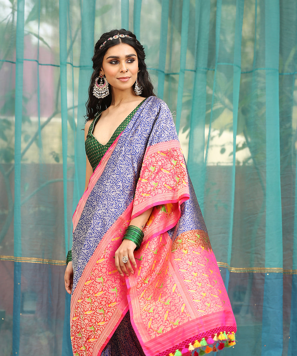 Blue_Handloom_Brocade_Shikargah_Katan_Silk_Banarasi_Saree_With_Pink_Meenakari_Border_WeaverStory_01