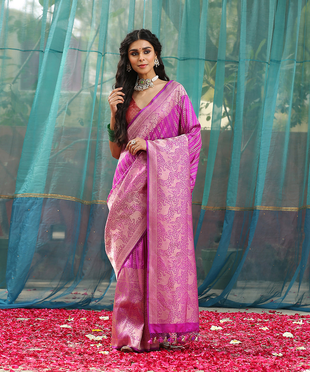 Handloom_Pink_Striped_Pure_Katan_Silk_Banarasi_Saree_With_Broad_Shikargah_Border_WeaverStory_02