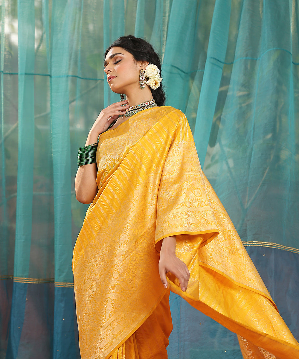 Yellow_Handloom_Striped_Pure_Katan_Silk_Banarasi_Saree_With_Broad_Shikargah_Border_WeaverStory_01