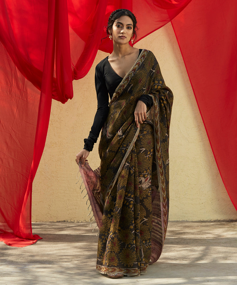 Black_and_Olive_Green_Handloom_Pure_Cotton_Saree_With_Hand_Painted_Kalamkari_And_Small_Birds_WeaverStory_02