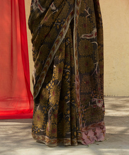 Black_and_Olive_Green_Handloom_Pure_Cotton_Saree_With_Hand_Painted_Kalamkari_And_Small_Birds_WeaverStory_04