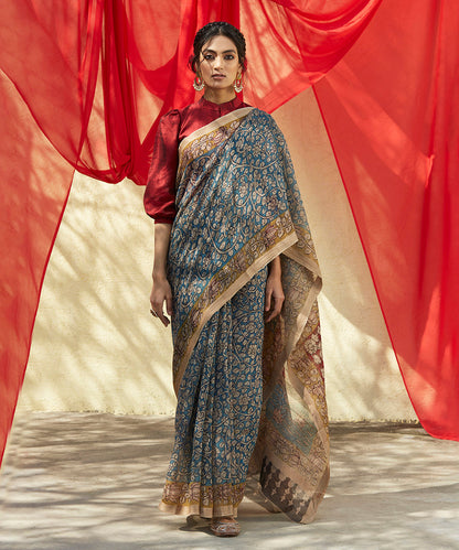 Handloom_Blue_Pure_Kota_Cotton_Checks_Saree_With_All_Over_Floral_Hand_Painted_Kalamkari_WeaverStory_02