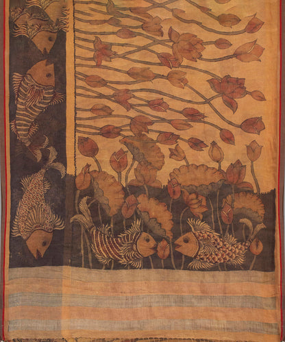 Brown_Handloom_Pure_Linen_Saree_With_Hand_Painted_Kalamkari_And_Lotus_Flowers_And_Fishes_Drawn_On_Border_WeaverStory_05