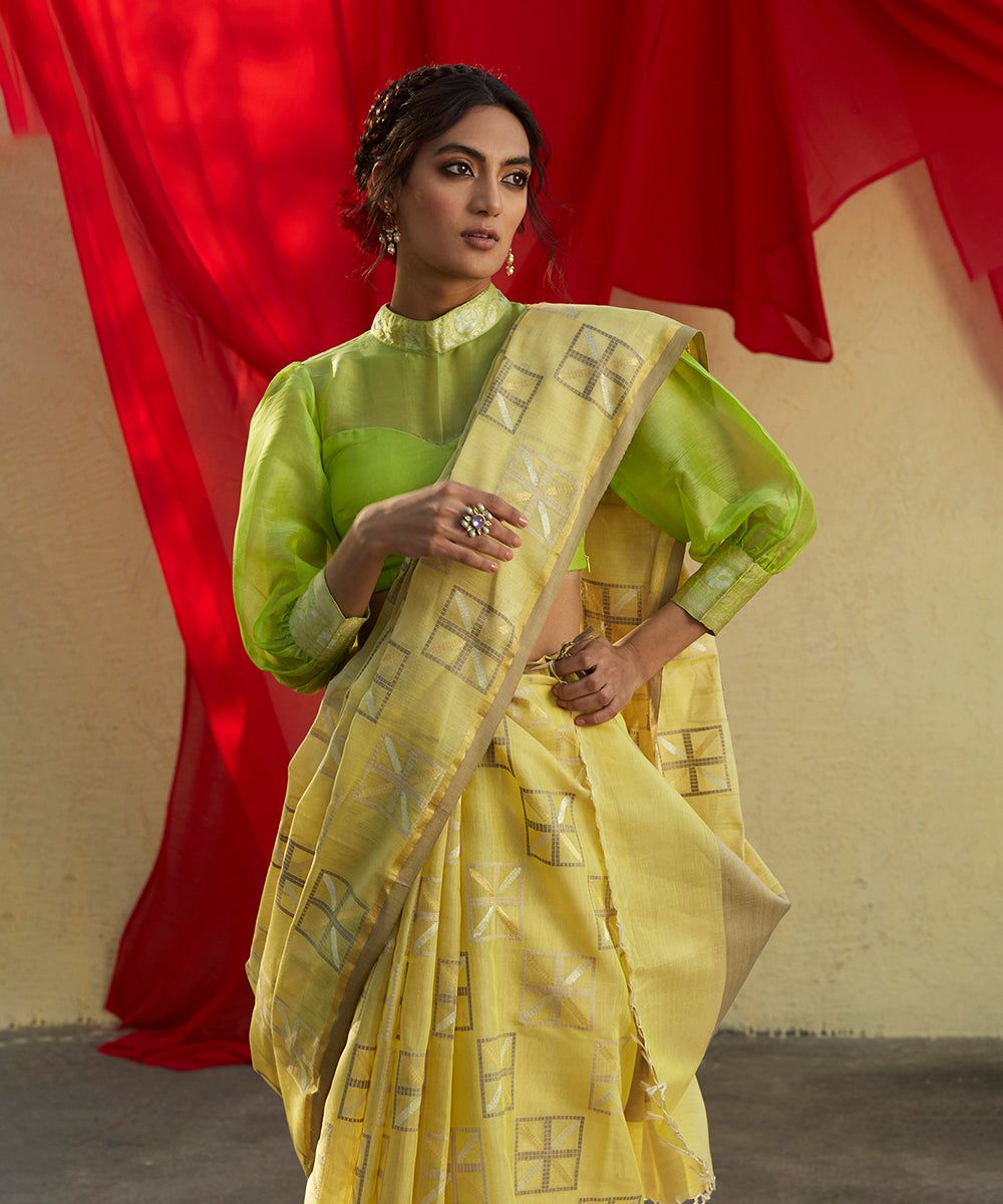 Lime_Yellow_Handloom_Pure_Moonga_Silk_Saree_With_Squares_Woven_In_Zari_And_Gichha_Weave_WeaverStory_01