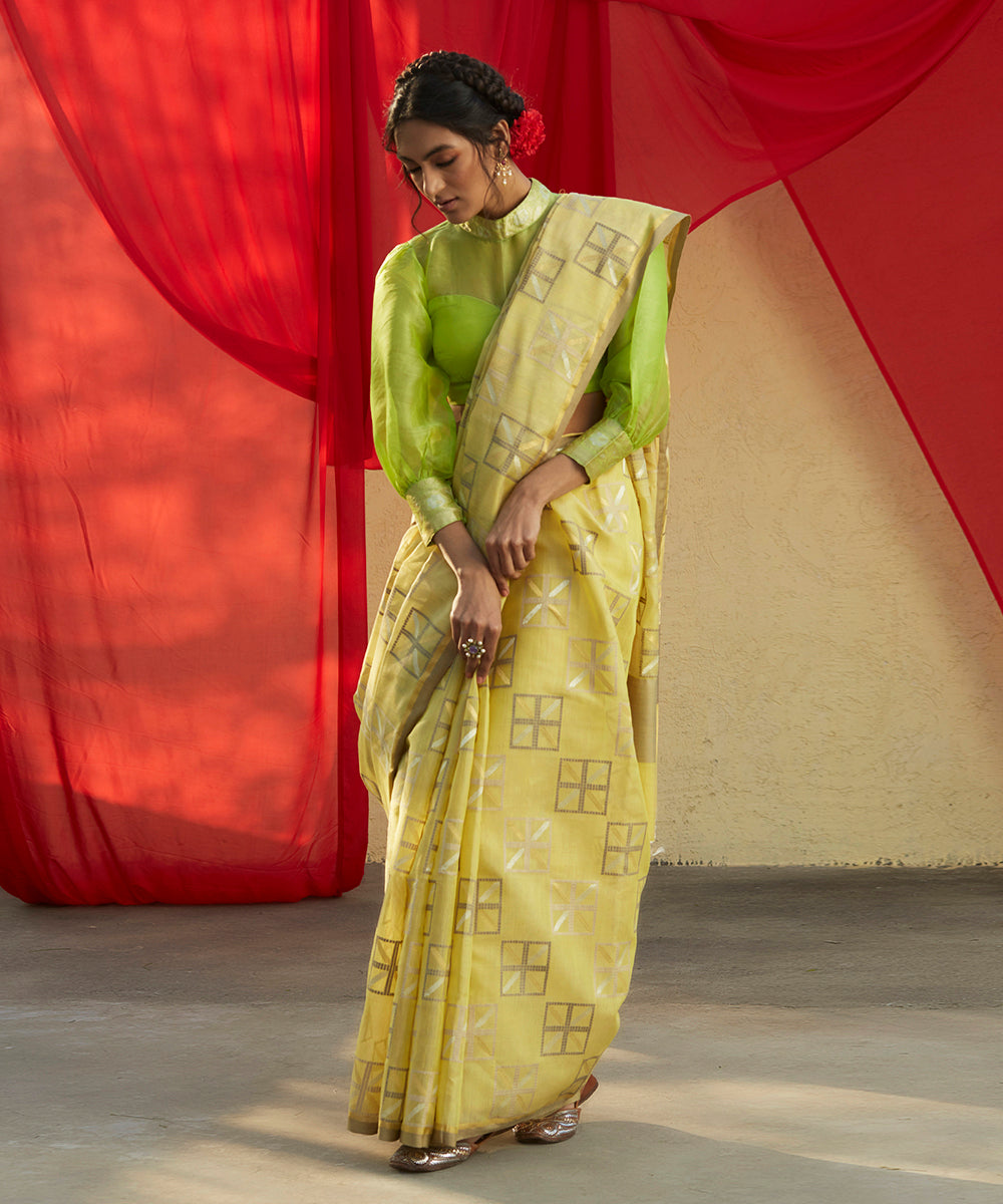 Lime_Yellow_Handloom_Pure_Moonga_Silk_Saree_With_Squares_Woven_In_Zari_And_Gichha_Weave_WeaverStory_02