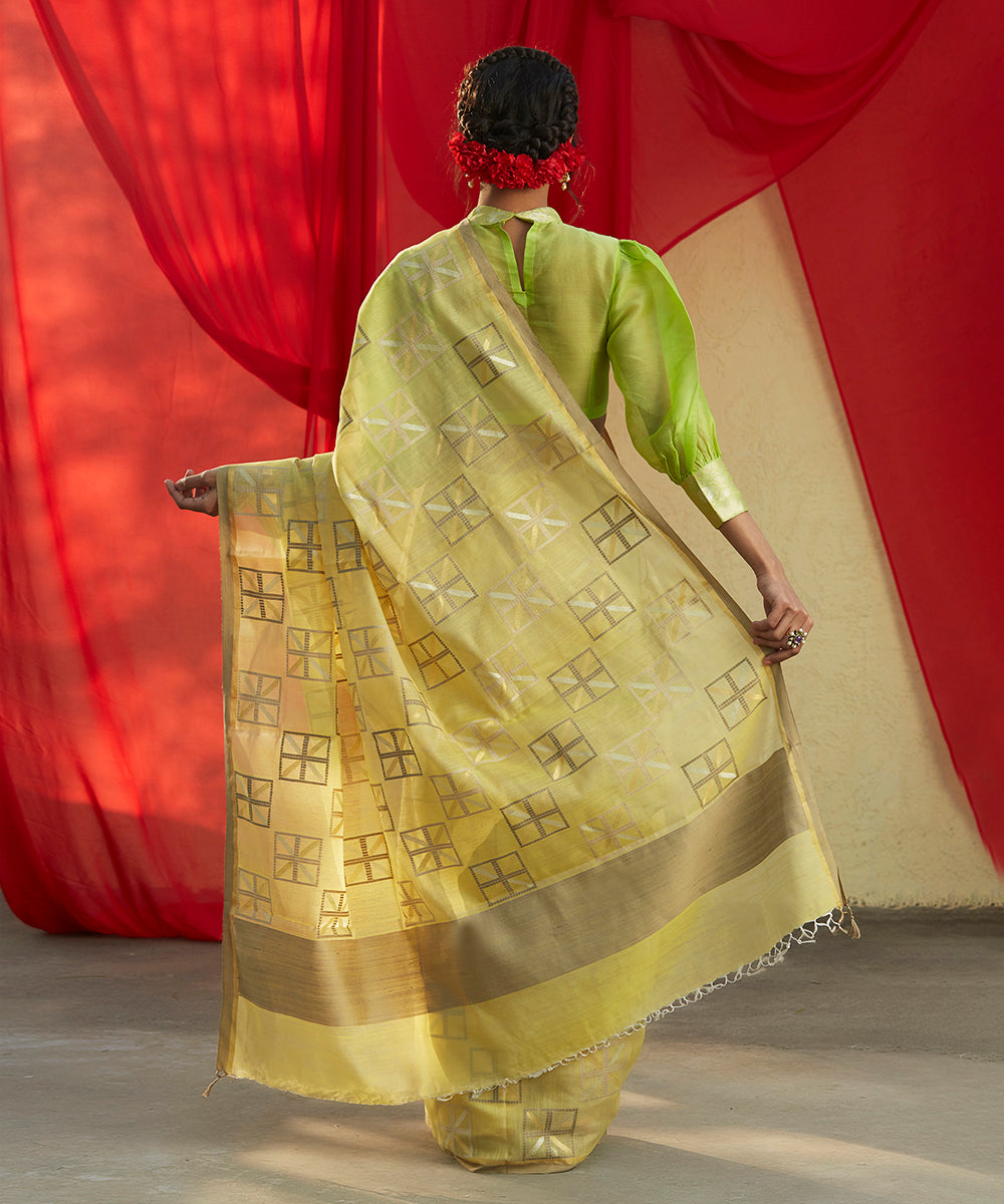 Lime_Yellow_Handloom_Pure_Moonga_Silk_Saree_With_Squares_Woven_In_Zari_And_Gichha_Weave_WeaverStory_03