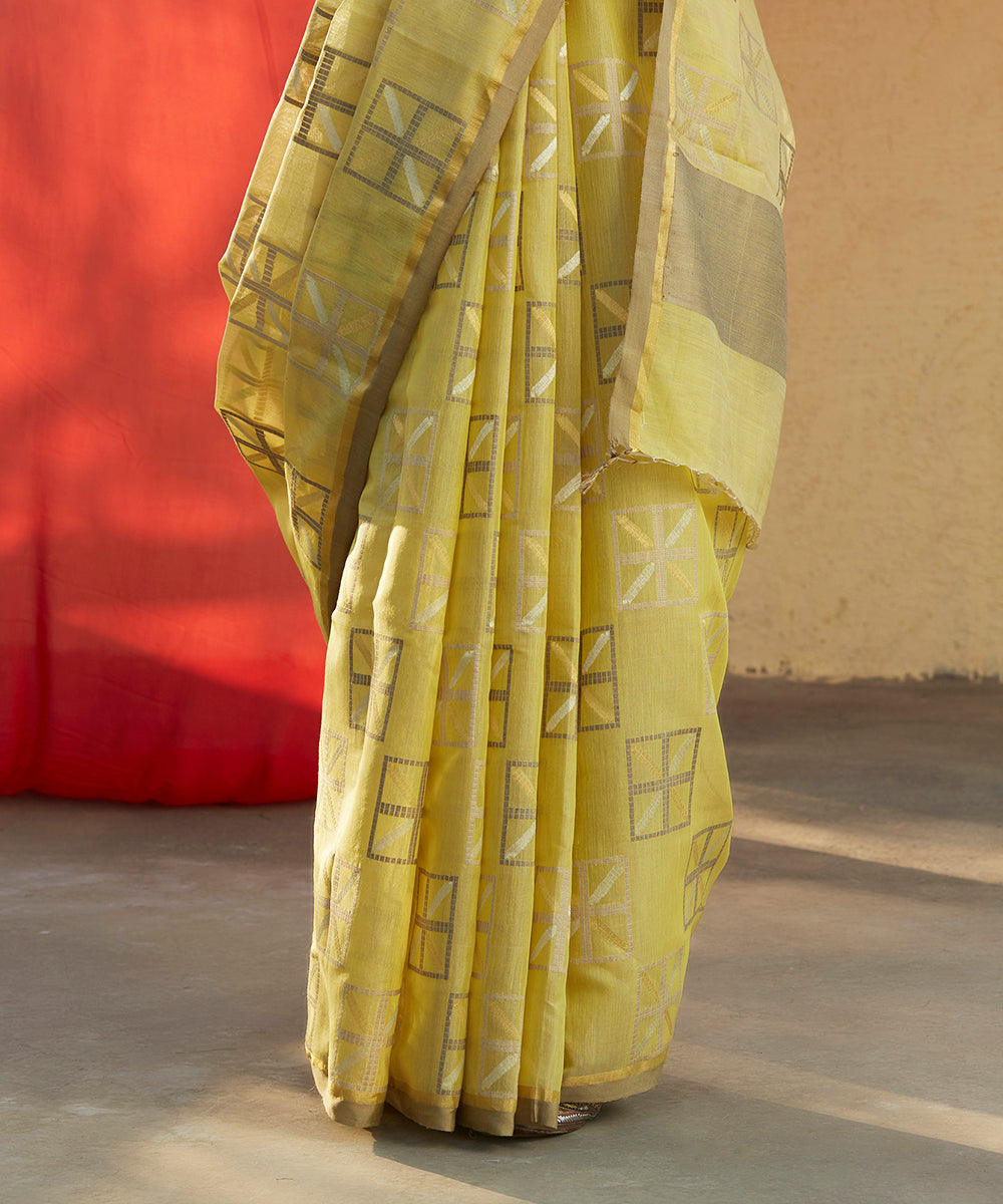 Lime_Yellow_Handloom_Pure_Moonga_Silk_Saree_With_Squares_Woven_In_Zari_And_Gichha_Weave_WeaverStory_04