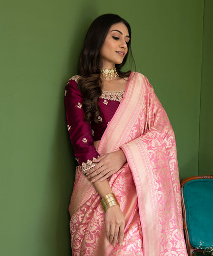 Pink_Handloom_Pure_Katan_Silk_Banarasi_Saree_With_Cutwork_Floral_Jaal_WeaverStory_01