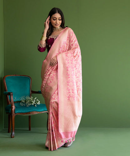 Pink_Handloom_Pure_Katan_Silk_Banarasi_Saree_With_Cutwork_Floral_Jaal_WeaverStory_02