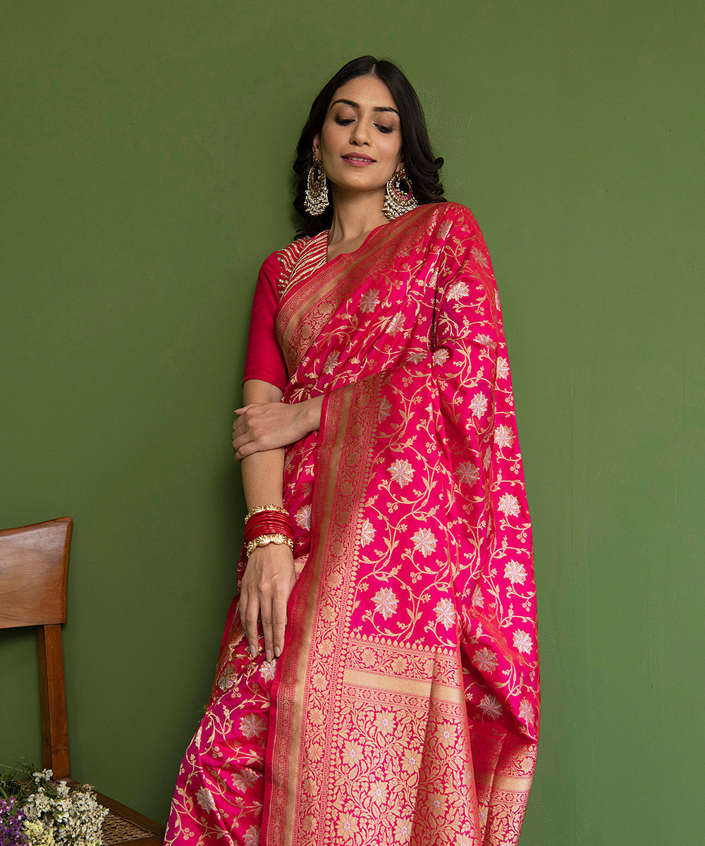 Handloom_Hot_Pink_Pure_Katan_Silk_Banarasi_Saree_with_Sona_Rupa_Cutwork_Jaal_WeaverStory_01