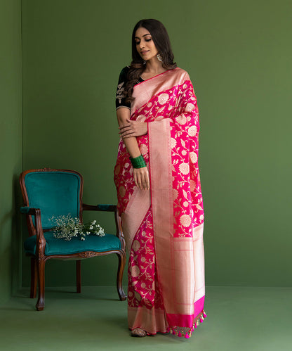 Handloom_Hot_Pink_Pure_Katan_Silk_Banarasi_Saree_with_Cutwork_Jaal_WeaverStory_02