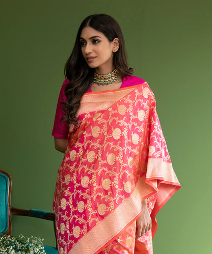 Pink_And_Orange_Handloom_Pure_Katan_Silk_Banarasi_Saree_with_Cutwork_Floral_Jaal_WeaverStory_01