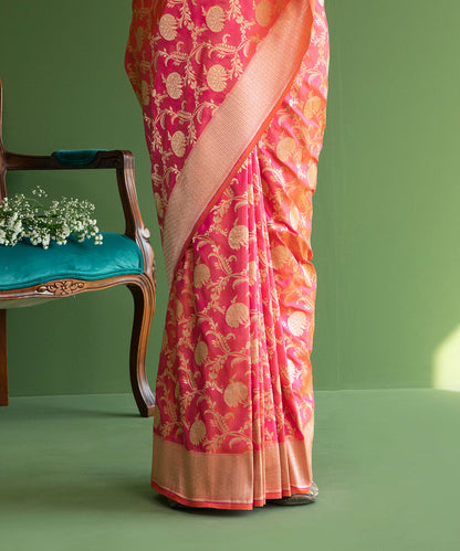 Pink_And_Orange_Handloom_Pure_Katan_Silk_Banarasi_Saree_with_Cutwork_Floral_Jaal_WeaverStory_04