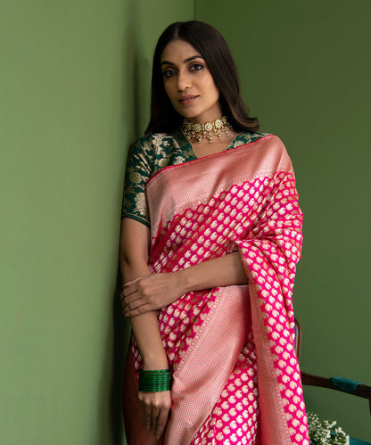 Handloom_Pink_Pure_Katan_Silk_Banarasi_Saree_with_Cutwork_Small_Paisley_Boota_WeaverStory_01