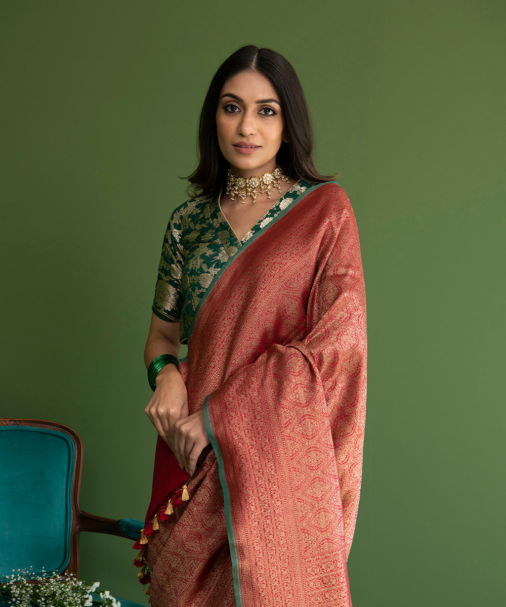 Red_Handloom_Pure_Katan_Silk_Banarasi_Saree_with_Antique_Zari_Mehraab_Jaal_WeaverStory_01