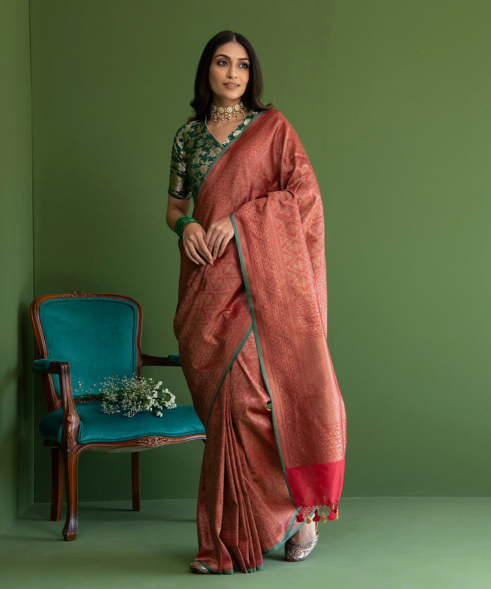 Red_Handloom_Pure_Katan_Silk_Banarasi_Saree_with_Antique_Zari_Mehraab_Jaal_WeaverStory_02