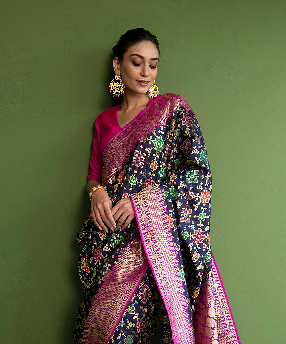 Blue_Handloom_Pure_Katan_Silk_Banarasi_Patola_Saree_With_Pink_Border_WeaverStory_01