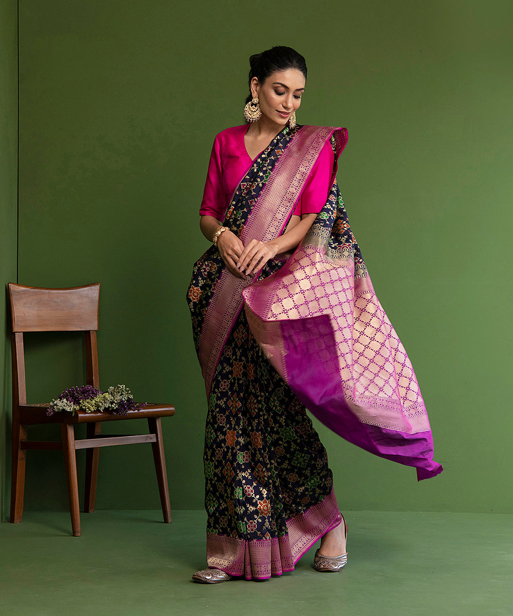 Blue_Handloom_Pure_Katan_Silk_Banarasi_Patola_Saree_With_Pink_Border_WeaverStory_02