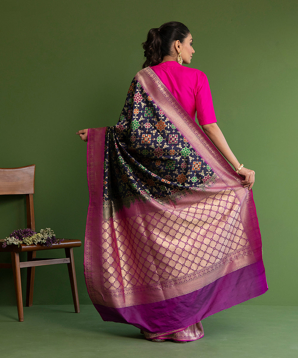 Blue_Handloom_Pure_Katan_Silk_Banarasi_Patola_Saree_With_Pink_Border_WeaverStory_03