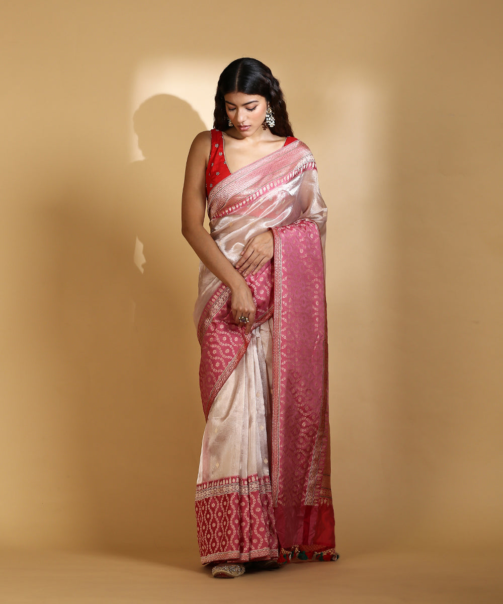 Pink_Handloom_Silk_Tissue_Banarasi_Saree_With_Dark_Pink_Border_And_Pallu_WeaverStory_02