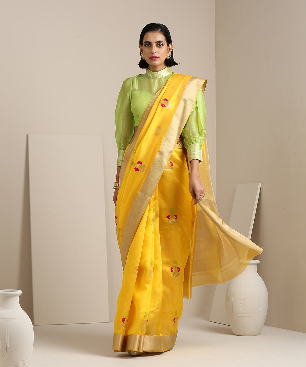 Handloom_Yellow_Chanderi_Silk_Saree_With_Pink_Meenakari_Floral_Boota_WeaverStory_02